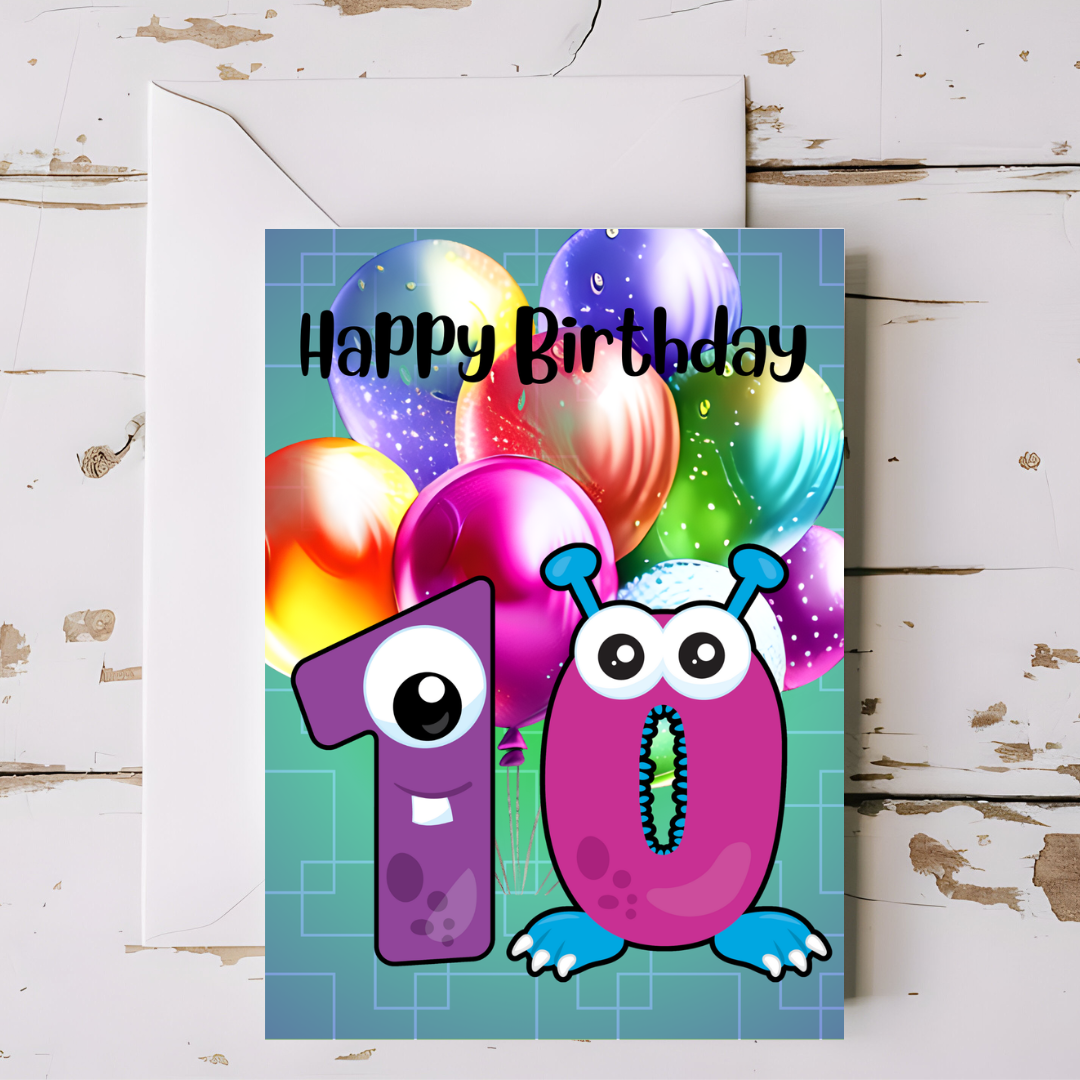 Birthday Greeting card with envelope - 10 years old - printable