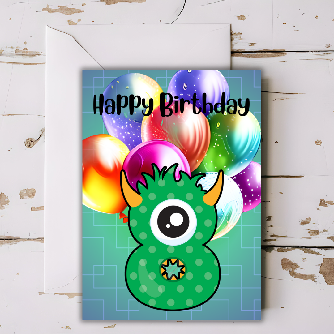 Birthday Greeting card with envelope - 8 years old - printable