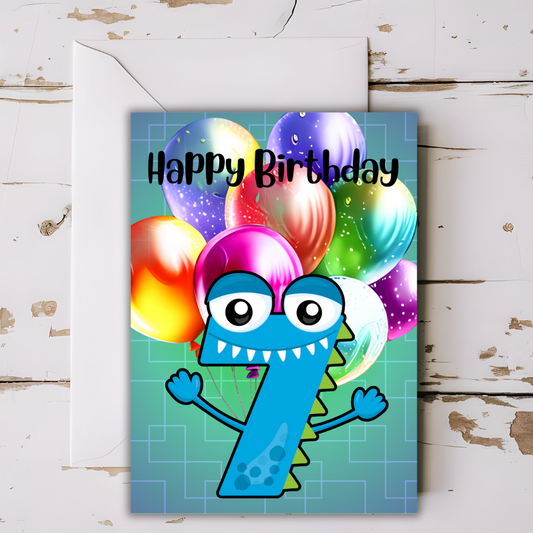 Birthday Greeting card with envelope - 7 years old - printable