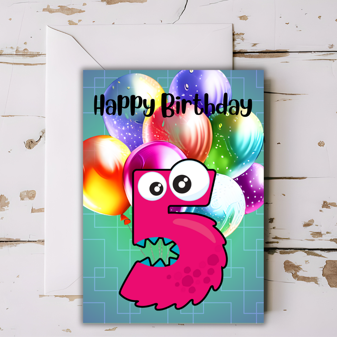 Birthday Greeting card with envelope - 5 years old - printable