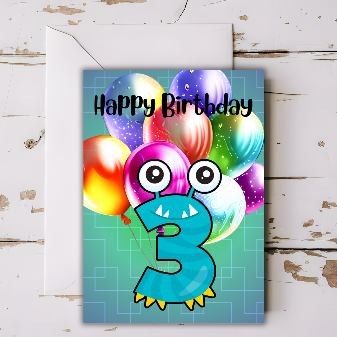 Birthday Greeting card with envelope - 3 years old - printable