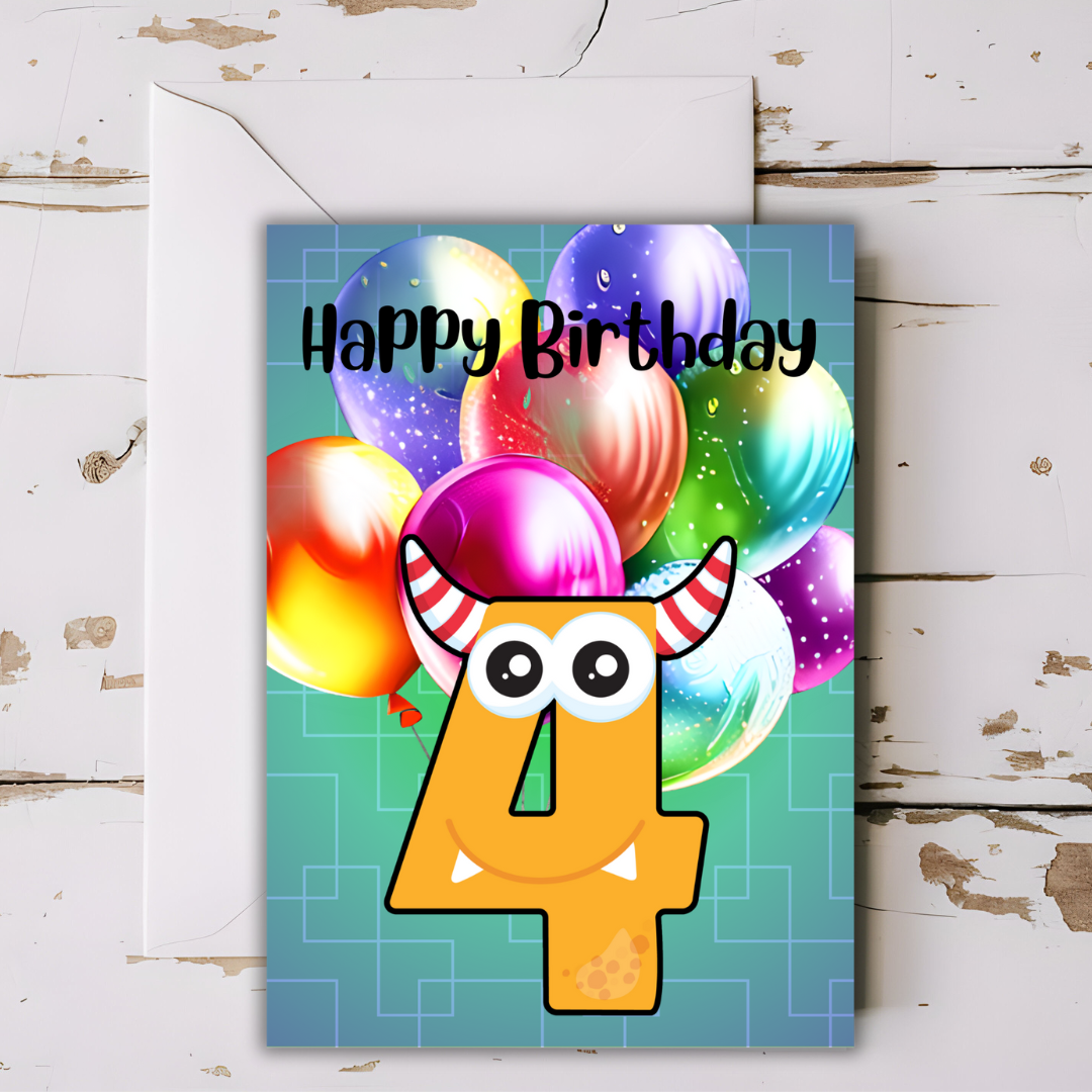 Birthday Greeting card with envelope - 4 years old - printable