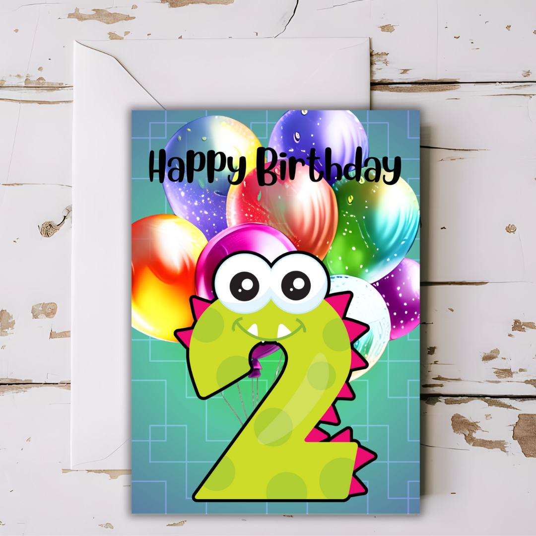 Birthday Greeting card with envelope - 2 years old - printable