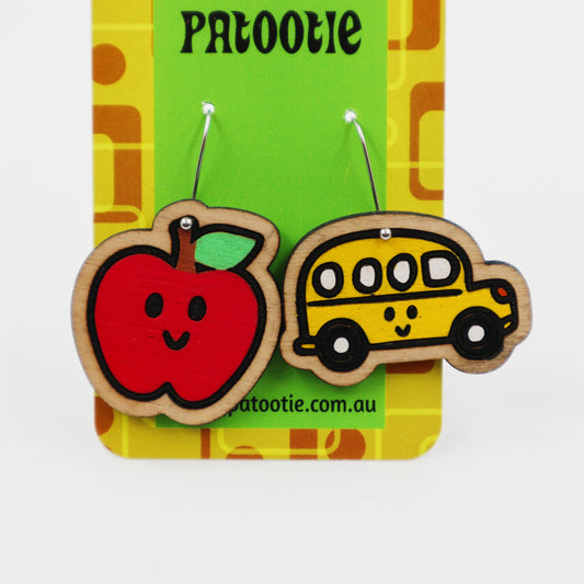 Wooden teacher earrings - school bus and apple