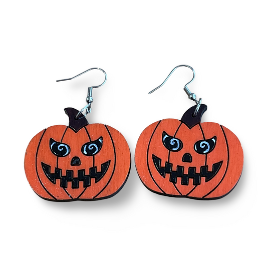 Wooden pumpkin earrings - Halloween, jack-o-lantern