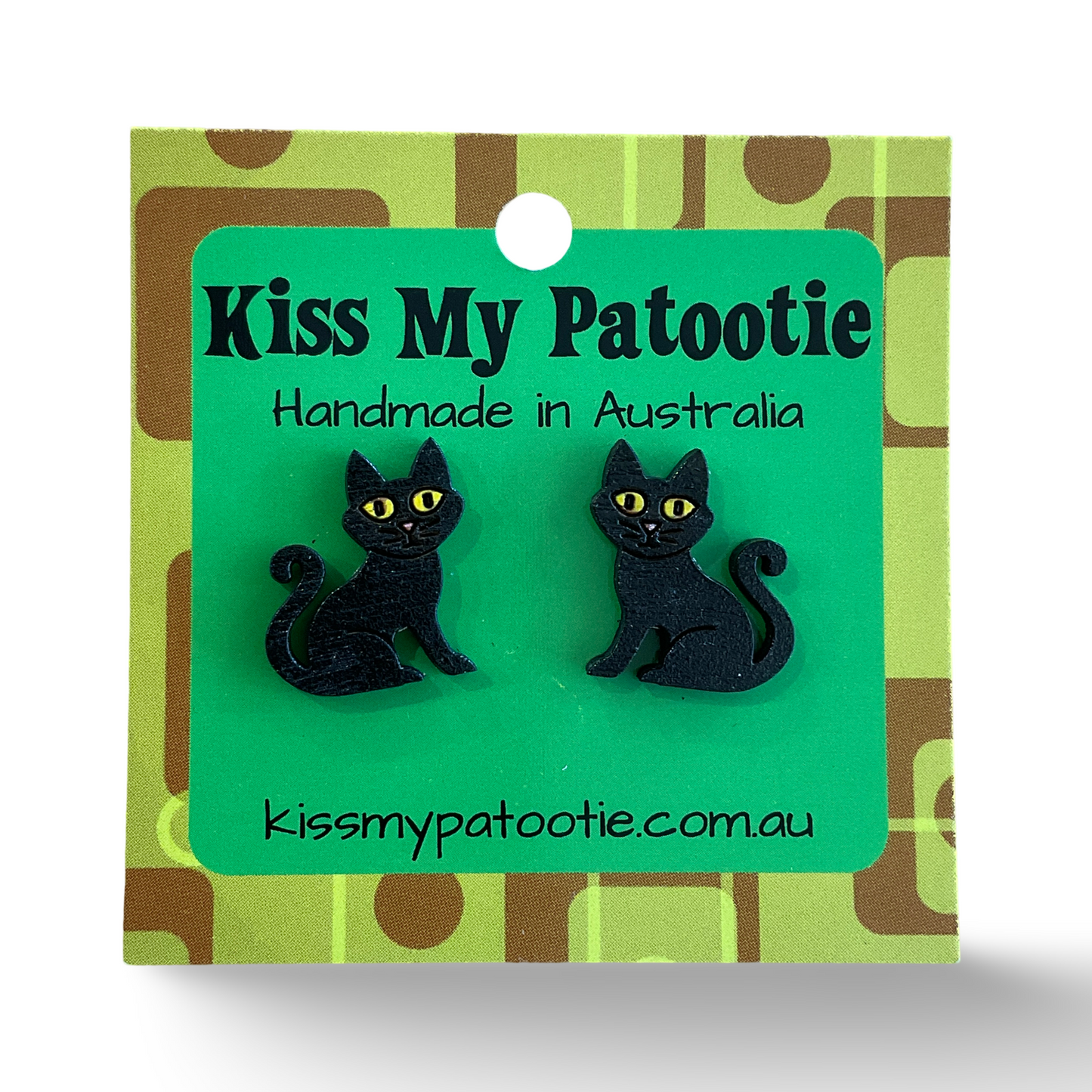 Black cat Halloween studs - wooden, hand painted earrings