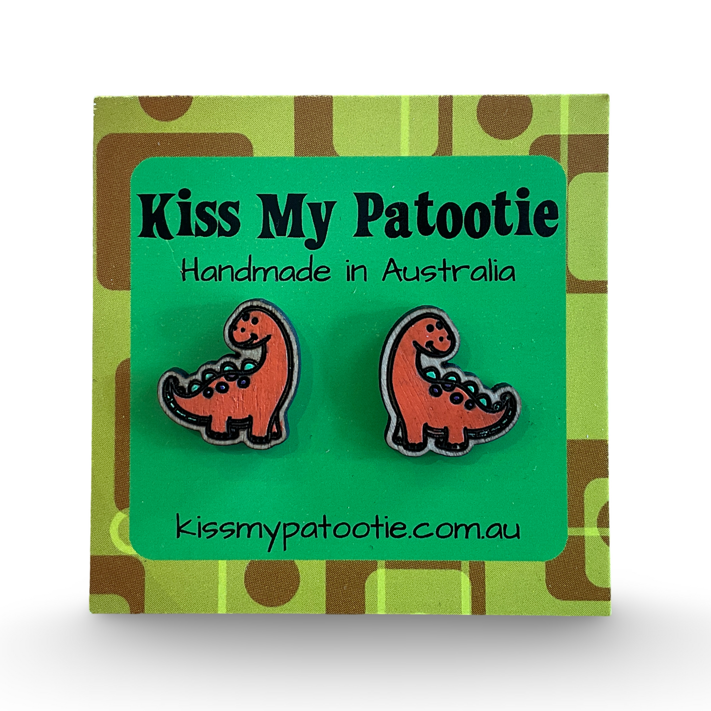 Orange dinosaur studs - wooden, hand painted earrings