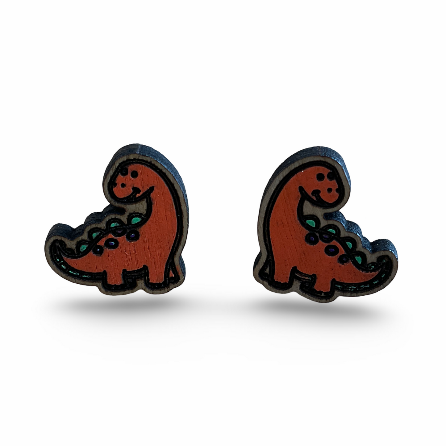 Orange dinosaur studs - wooden, hand painted earrings