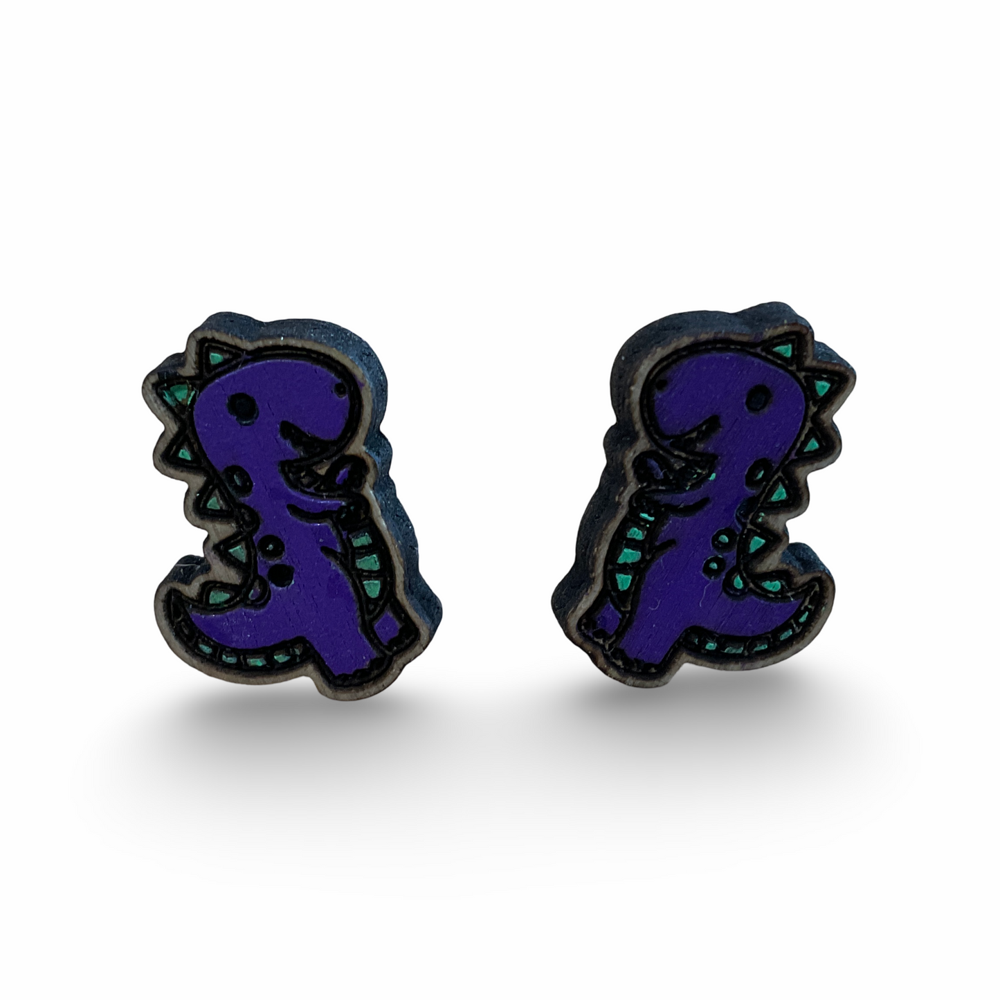 Purple dinosaur studs - wooden, hand painted earrings