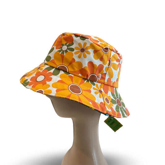 Reversible Kids Bucket Hat - retro flowers, dinosaur