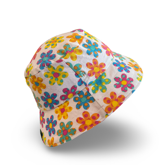 Reversible Kids Bucket Hat - retro flowers, polka dots