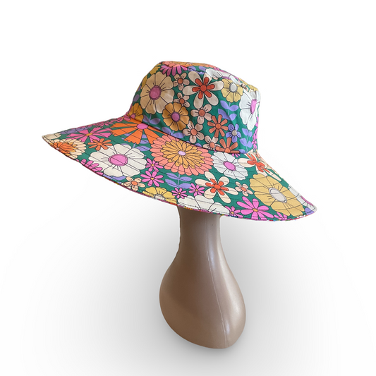 Wide Brim Reversible Sun Hat, Ladies / Girls sizes avail - retro floral