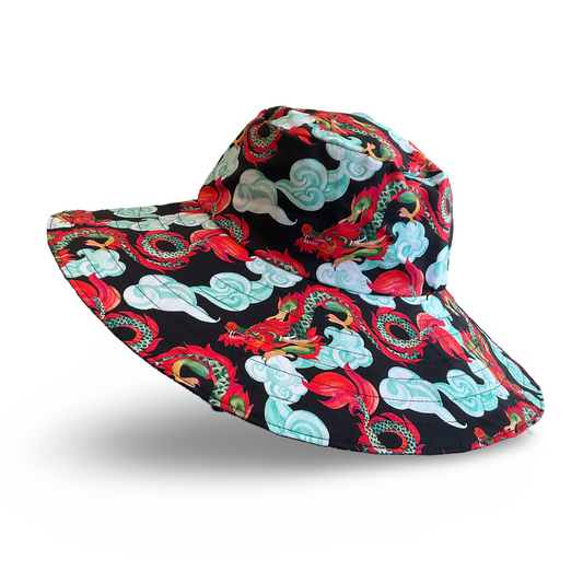 Wide Brim Reversible Sun Hat, Ladies / Girls sizes avail - red dragon