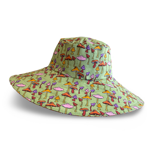 Wide Brim Reversible Sun Hat, Ladies / Girls sizes avail - retro mushrooms