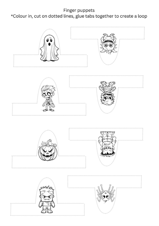 Printable Halloween finger puppets - colouring, pretend play