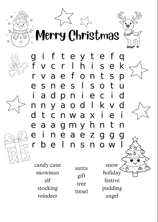 Printable Christmas colouring in word search / find a word