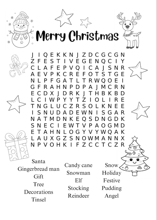 Printable Christmas colouring in word search / find a word