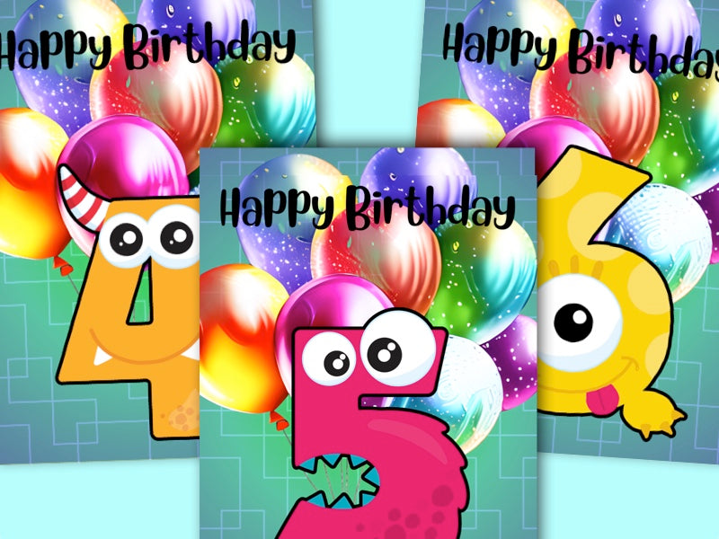 Birthday Greeting card bulk set with envelopes - ages 1 to 10 - printable