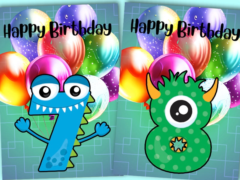 Birthday Greeting card bulk set with envelopes - ages 1 to 10 - printable