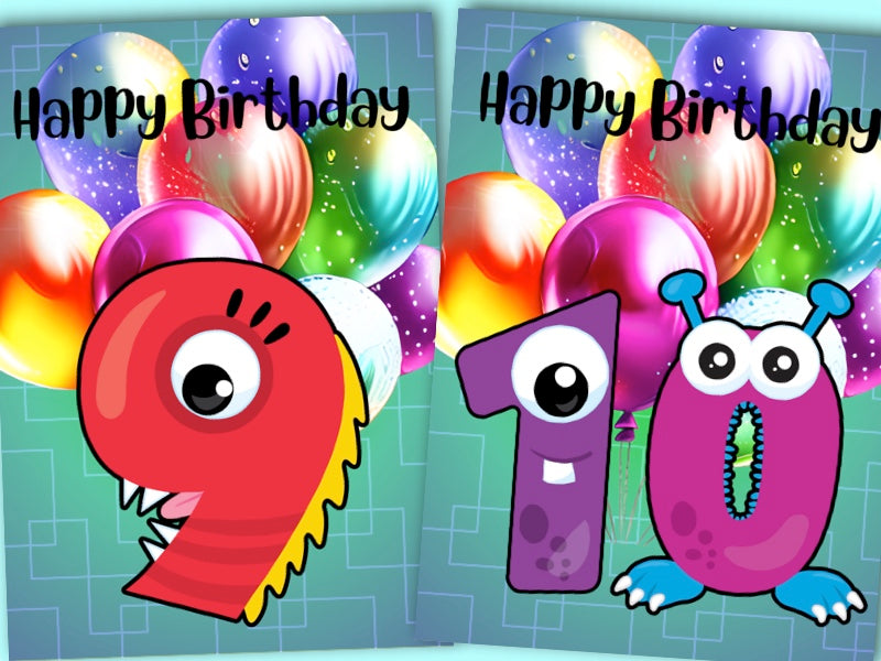 Birthday Greeting card bulk set with envelopes - ages 1 to 10 - printable