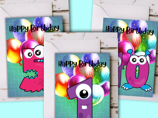 Birthday Greeting card bulk set with envelopes - ages 1 to 10 - printable