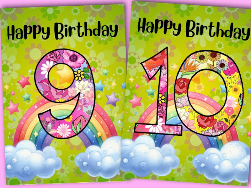 Birthday Greeting card bulk set with envelopes - ages 1 to 10 - printable