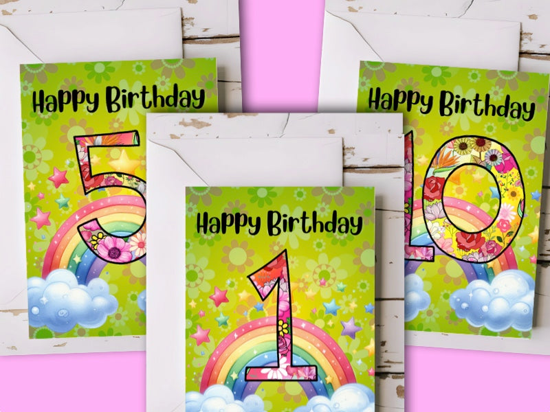 Birthday Greeting card bulk set with envelopes - ages 1 to 10 - printable