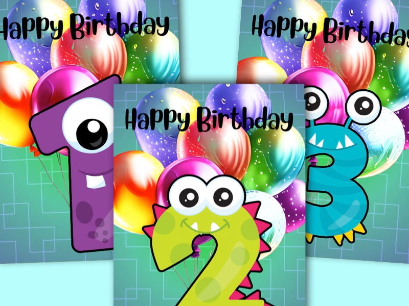 Birthday Greeting card bulk set with envelopes - ages 1 to 10 - printable