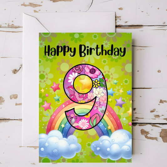 Birthday Greeting card with envelope - 9 years old - printable