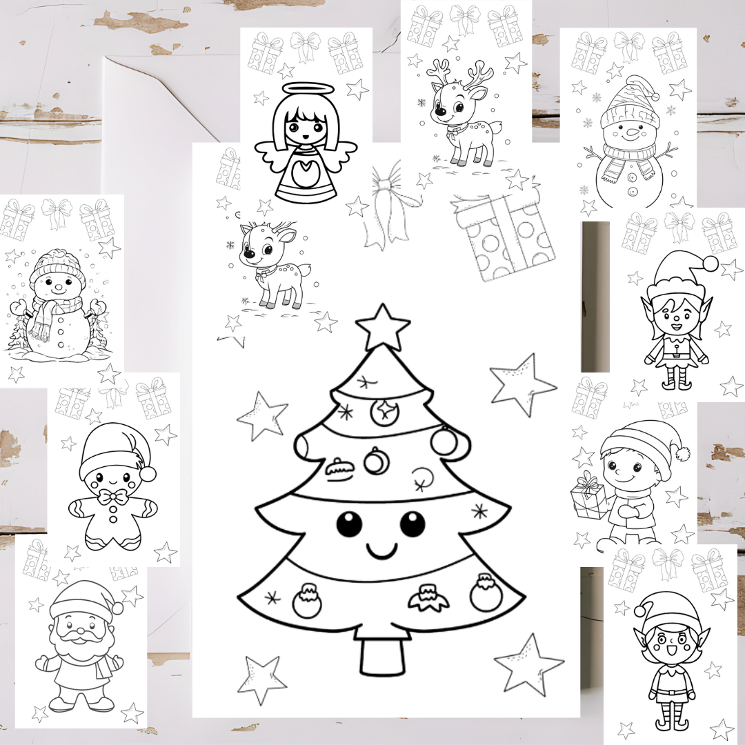 10 x Christmas greeting cards with envelopes - colouring in, printable