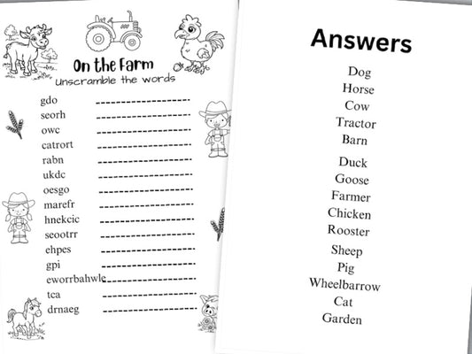 Printable farm animals colouring in word scramble