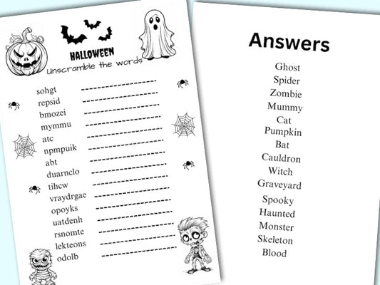 Printable Halloween colouring in word scramble