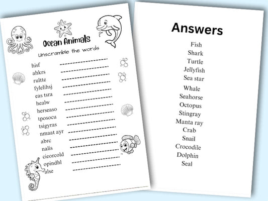 Printable ocean animals colouring in word scramble