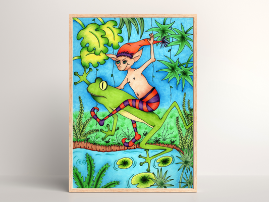 Printable kids wall art - elf riding a frog