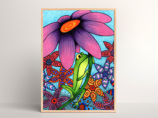 Printable kids wall art - frog in a flower garden