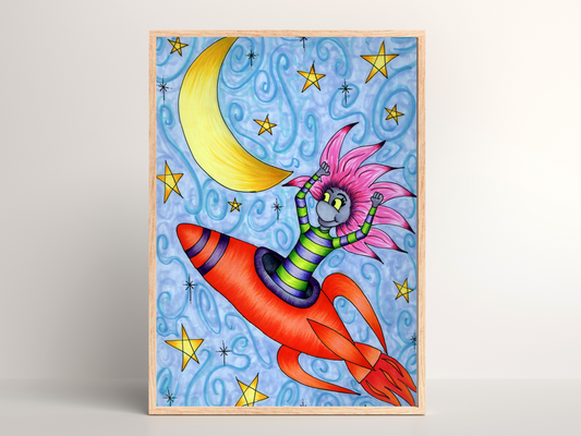 Printable kids wall art - pixie in a space ship