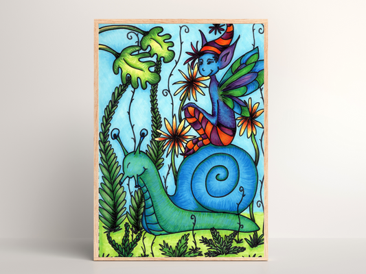 Printable kids wall art - pixie riding a snail