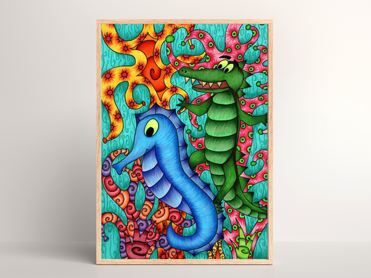 Printable kids wall art - crocodile and seahorse